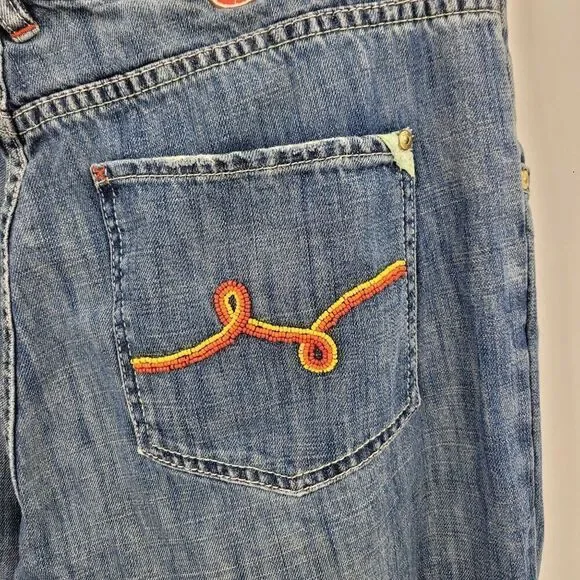 Vintage‎ High Waisted Sea Bead Embroidered Jeans 36 Blue Denim Rainbow Pockets